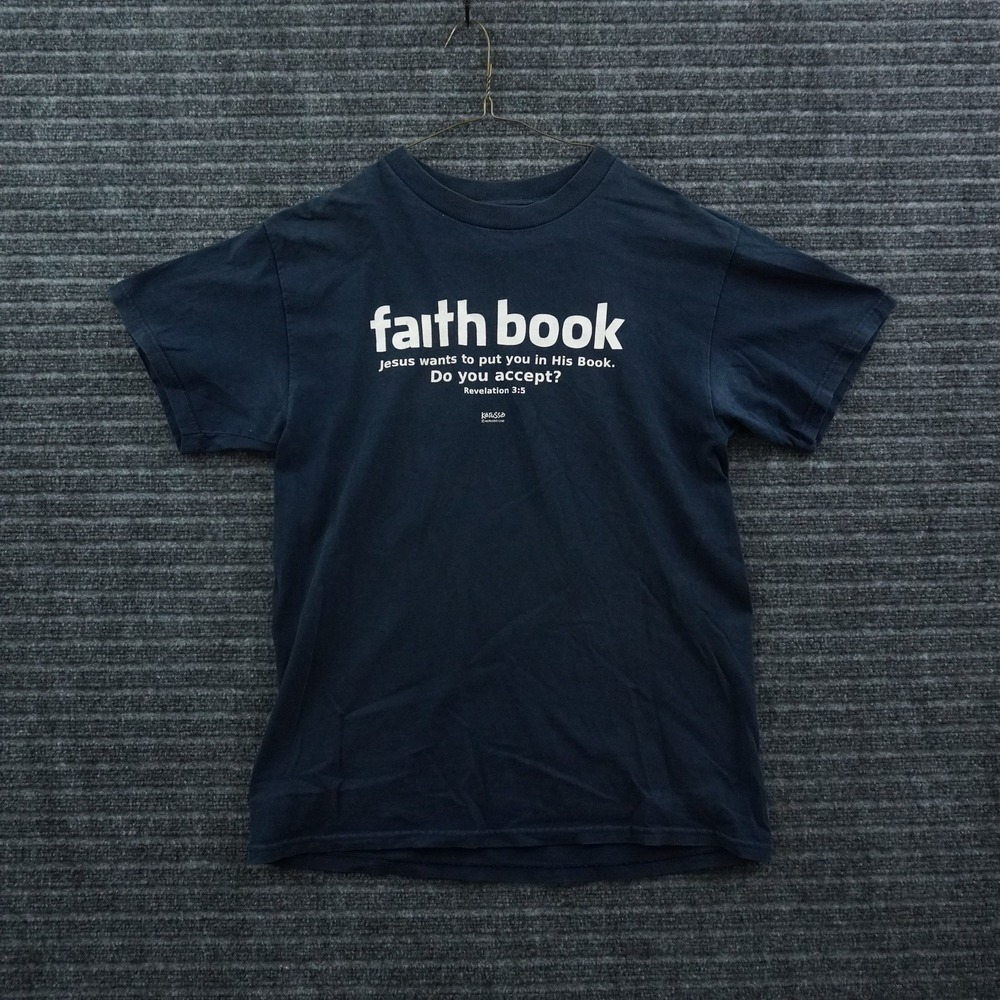 Kerusso Faith Book Graphic T-Shirt Mens Small Navy Blue Parody Revelation 3:5